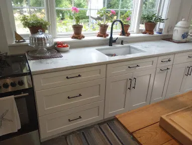 White shaker base cabinets with black pulls, white veined countertop and sink under a window with plants.