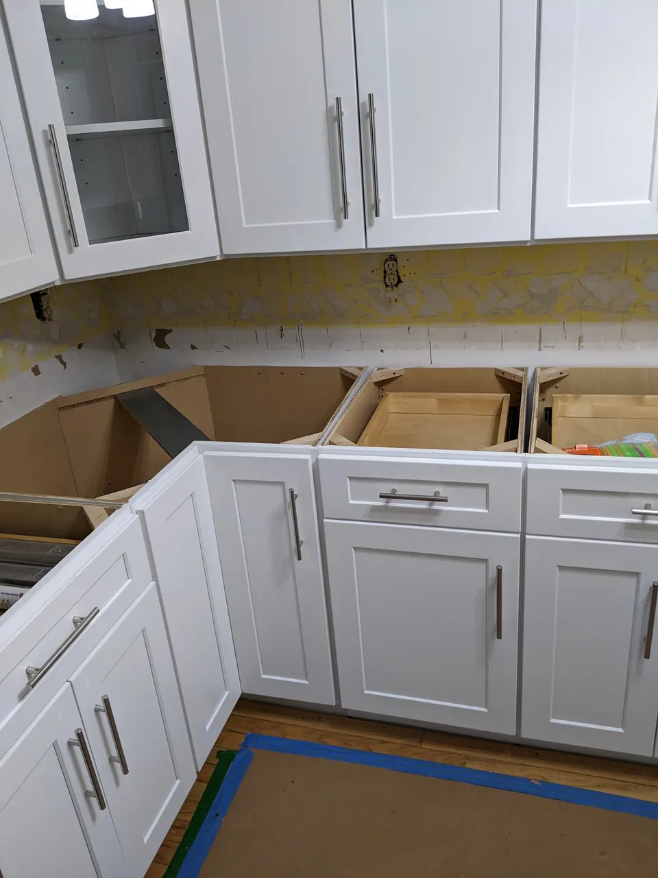 During the install: new light gray cabinets in.