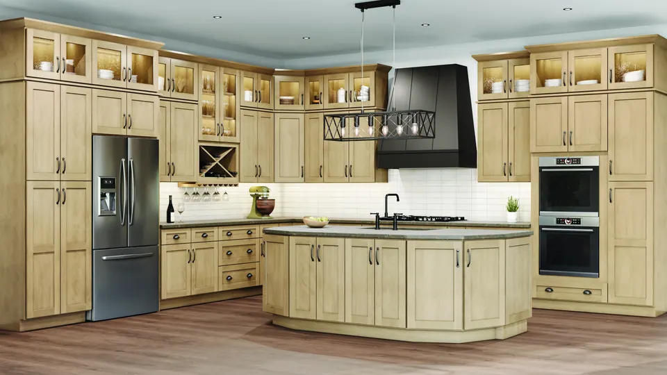 Catalog rendering: a kitchen in Shaker Honey cabinets.