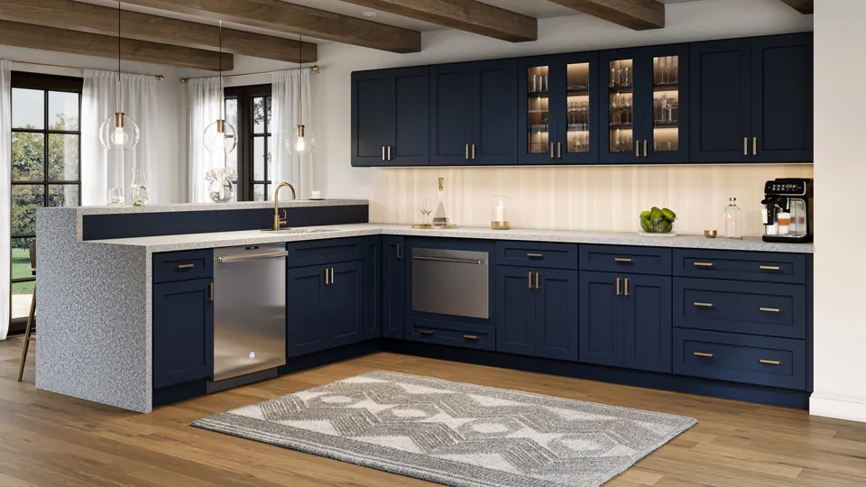 Catalog rendering: a wet bar in Shaker Navy cabinets.