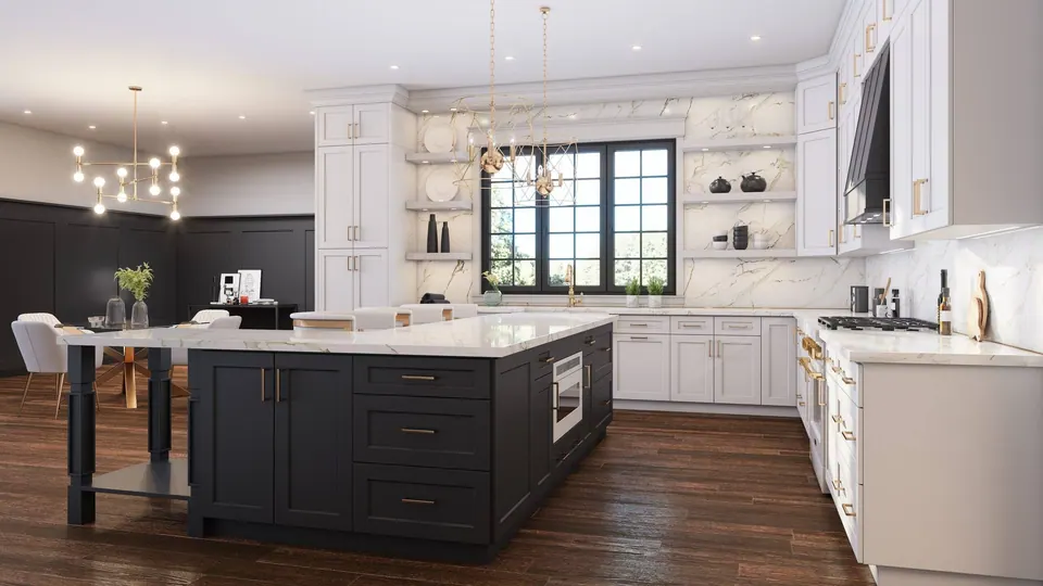 Catalog rendering: Shaker White cabinets around a Shaker Black island with white counters.