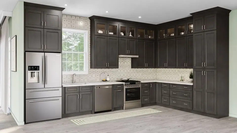 Rendering: dark gray shaker cabinets in an L-shaped kitchen with stacked glass-front uppers and white counters.
