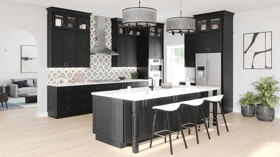 Rendering: black shaker cabinets and a black island with white counters, three stools and patterned backsplash.