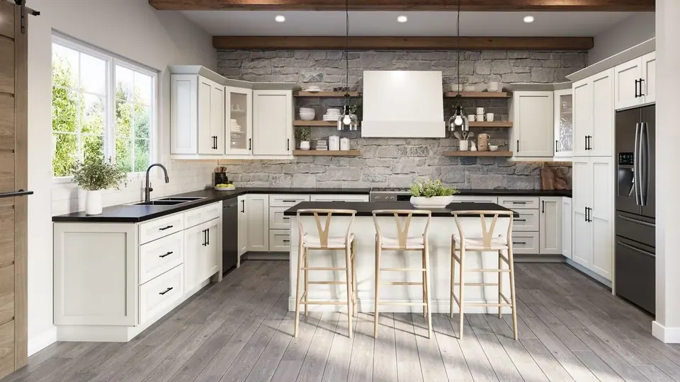Rendering: white shaker cabinets with black counters, a white island with three stools and open wood shelves.