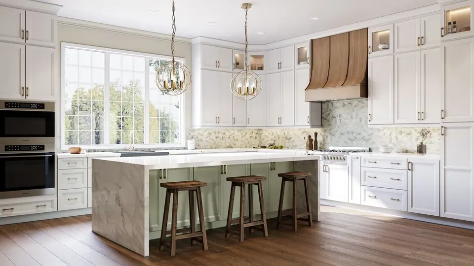 Rendering: white cabinets with a sage green island under a white waterfall counter, wood range hood.