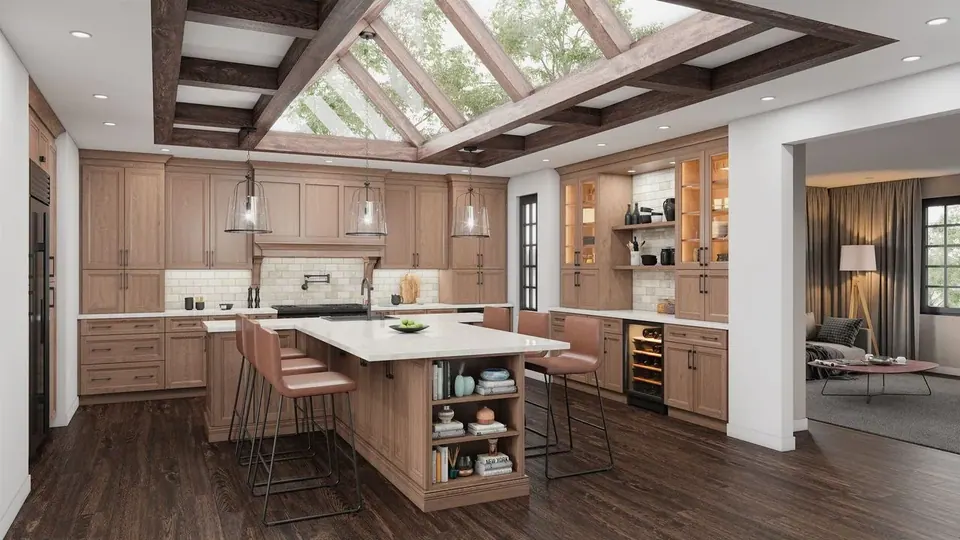 Rendering: light brown wood cabinets with a matching island, white counters and glass-front cabinets under a skylight.