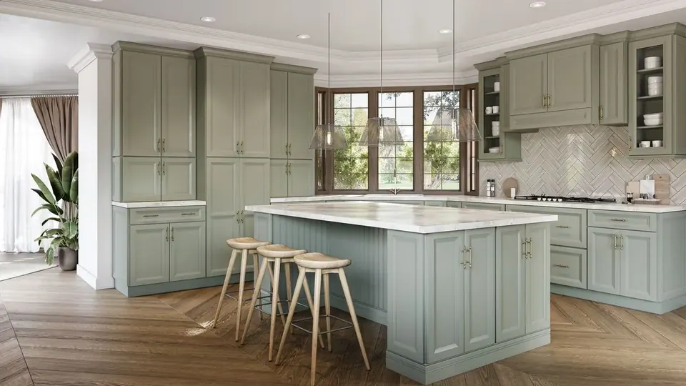 Rendering: sage green cabinets with a pale blue-green island, white marbled counters and a herringbone tile backsplash.