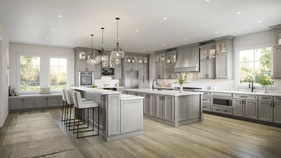 Rendering: weathered gray cabinets with two islands, white counters, a gray range hood and glass-front uppers.