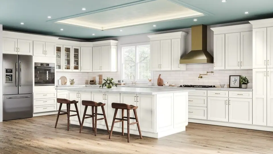 Rendering: white cabinets with a large white island, three wood stools, a brass-colored range hood and white tile.