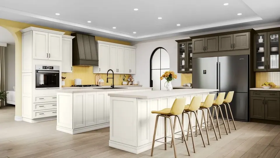 Rendering: cream cabinets with two matching islands and yellow stools, dark brown-gray cabinets around the refrigerator.
