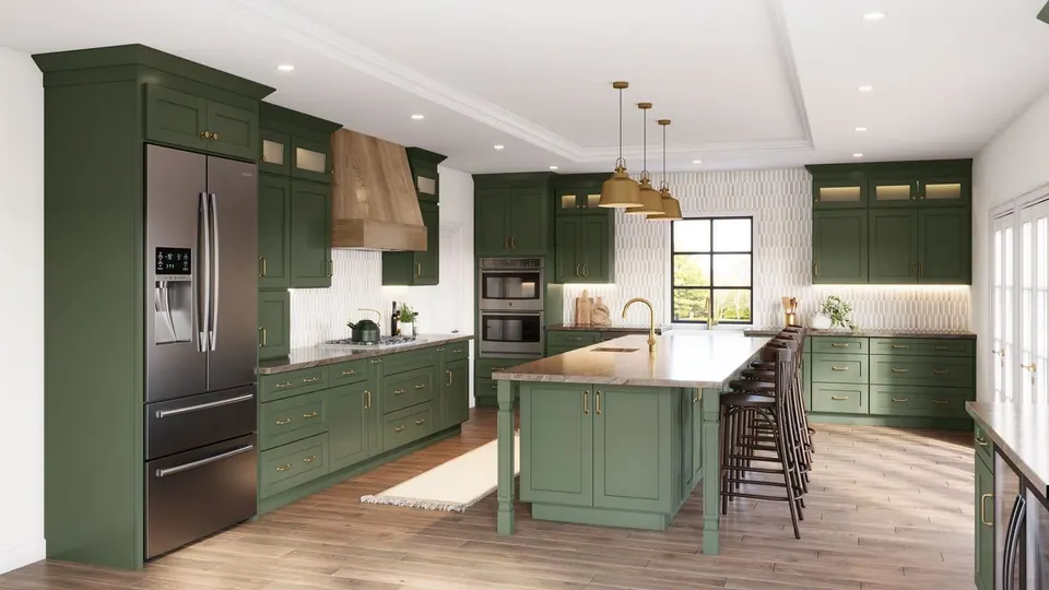 Rendering: forest green shaker cabinets with a matching island, brown stone-look counters and a wood range hood.