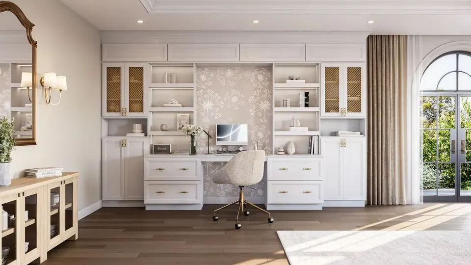 Rendering: white built-in desk wall with drawers, open shelves and mesh-front upper doors, gold-tone hardware.