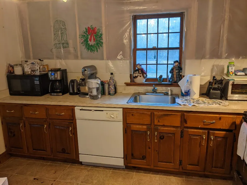 Before: dark wood cabinets and a white dishwasher.